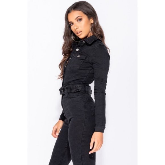 Black Denim Jeans Long Sleeve Belted Bodycon Jumpsuit Playsuit - Picture 4 of 10